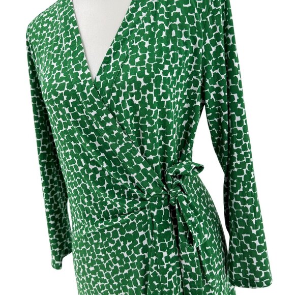 BCBG Max Azria Green White Wrap Dress Size L, Long Sleeve Abstract Pattern - Picture 4 of 11